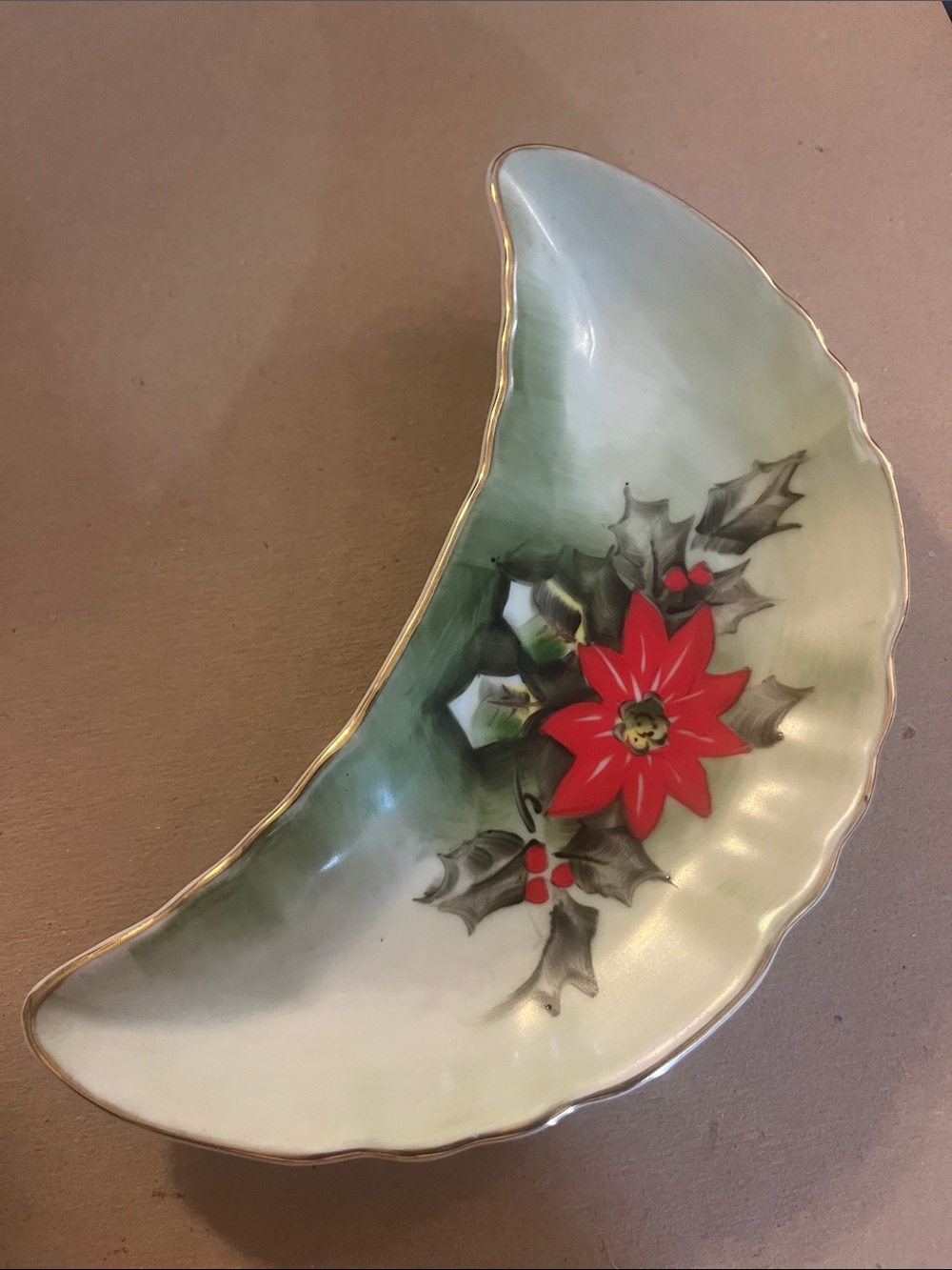 VTG Lefton Christmas poinsettia crescents dish Hand painted porcelain 4598 801